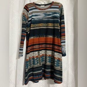 Striped Tribal-Print Long Sleeve Dress in Rust & Teal
